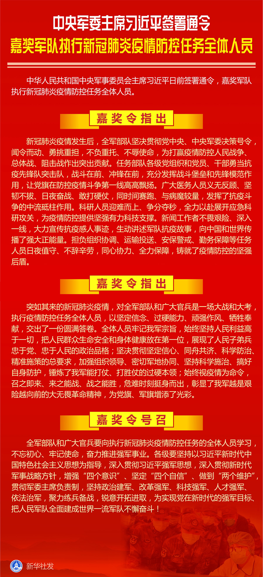 中央軍委主席習(xí)近平簽署通令 嘉獎軍隊執(zhí)行新冠肺炎疫情防控任務(wù)全體人員