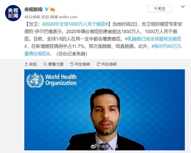 世衛(wèi)組織：2020年全球1000萬人死于癌癥