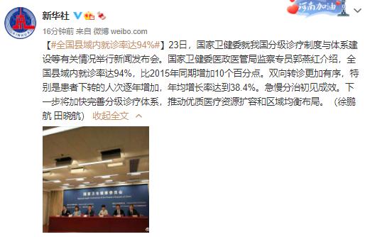 國家衛(wèi)健委：分級診療取得階段性成效 全國縣域內(nèi)就診率達94%