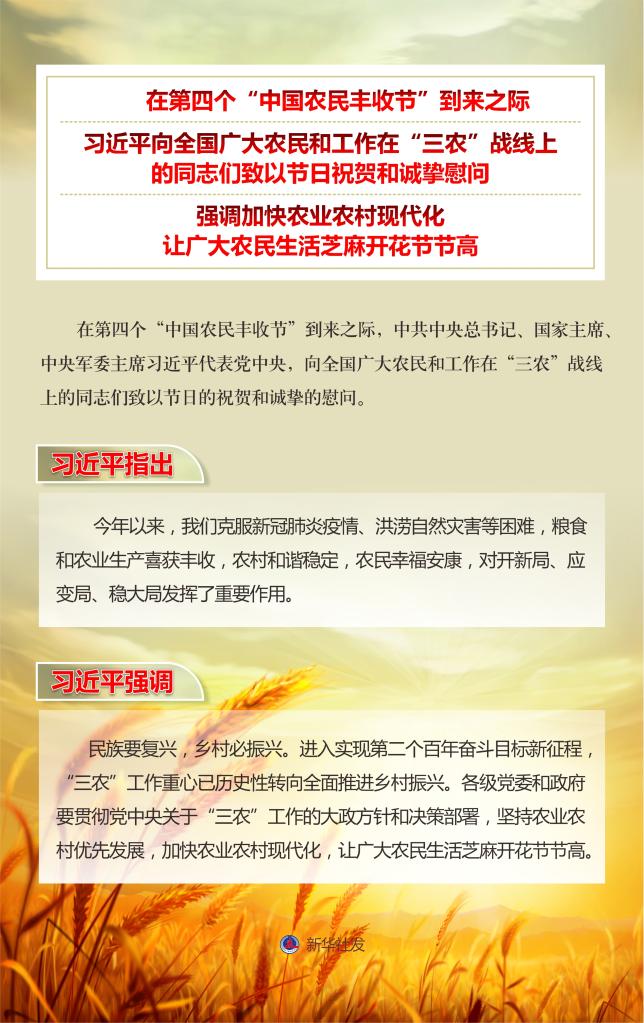習(xí)近平向全國廣大農(nóng)民和工作在“三農(nóng)”戰(zhàn)線上的同志們致以節(jié)日祝賀和誠摯慰問