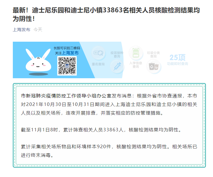 上海迪士尼33863名相關人員核酸檢測結果均為陰性